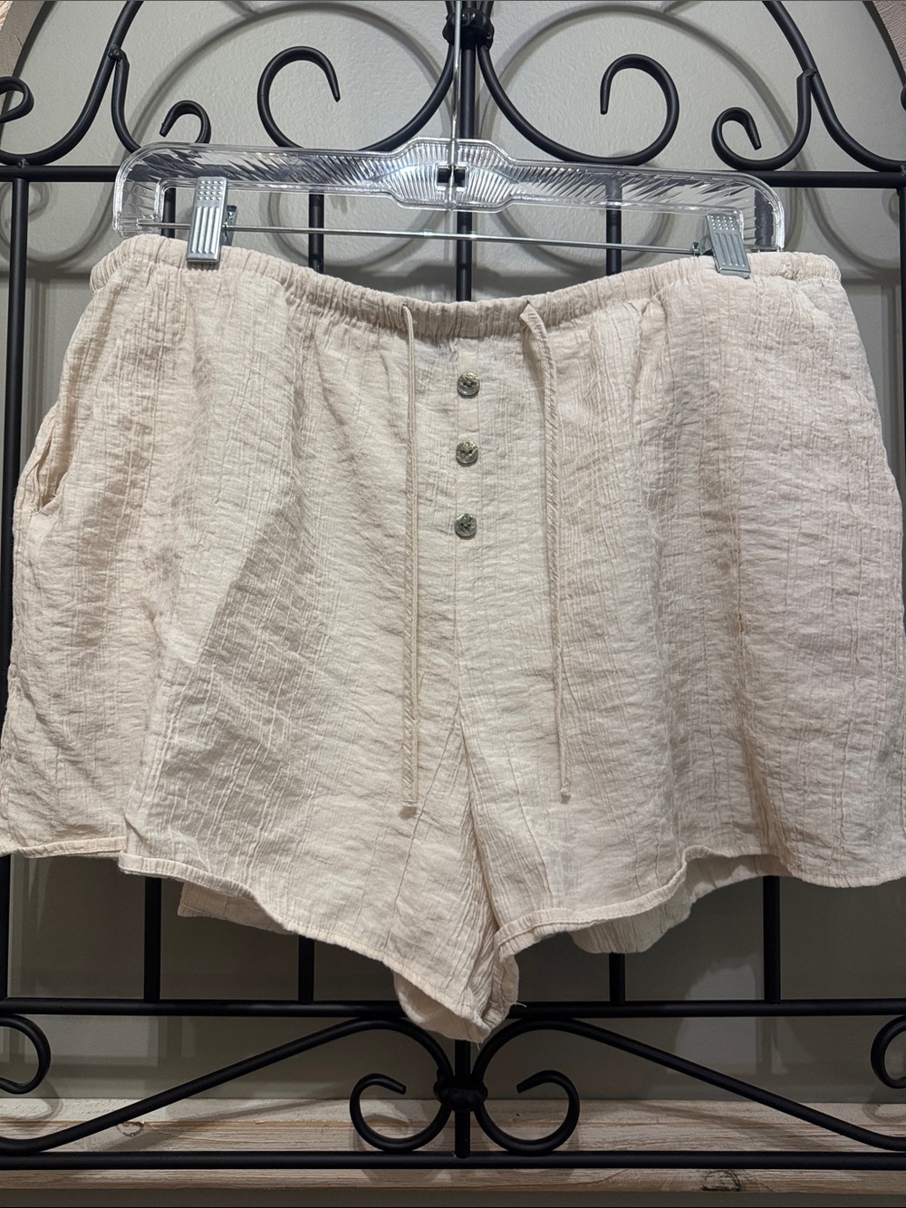 Zara Light Cream High-Waist Button-Front Drawstring Shorts XL pockets